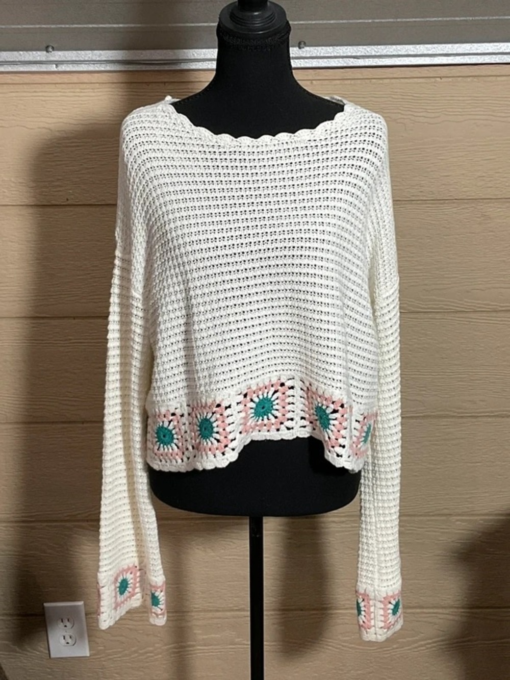 Sincerely Jules White Crochet Sweater with Pink & Teal Floral Trim